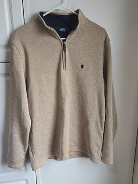 Izod Men's Zip-Neck Pullover Sweater in Beige with Navy Trim